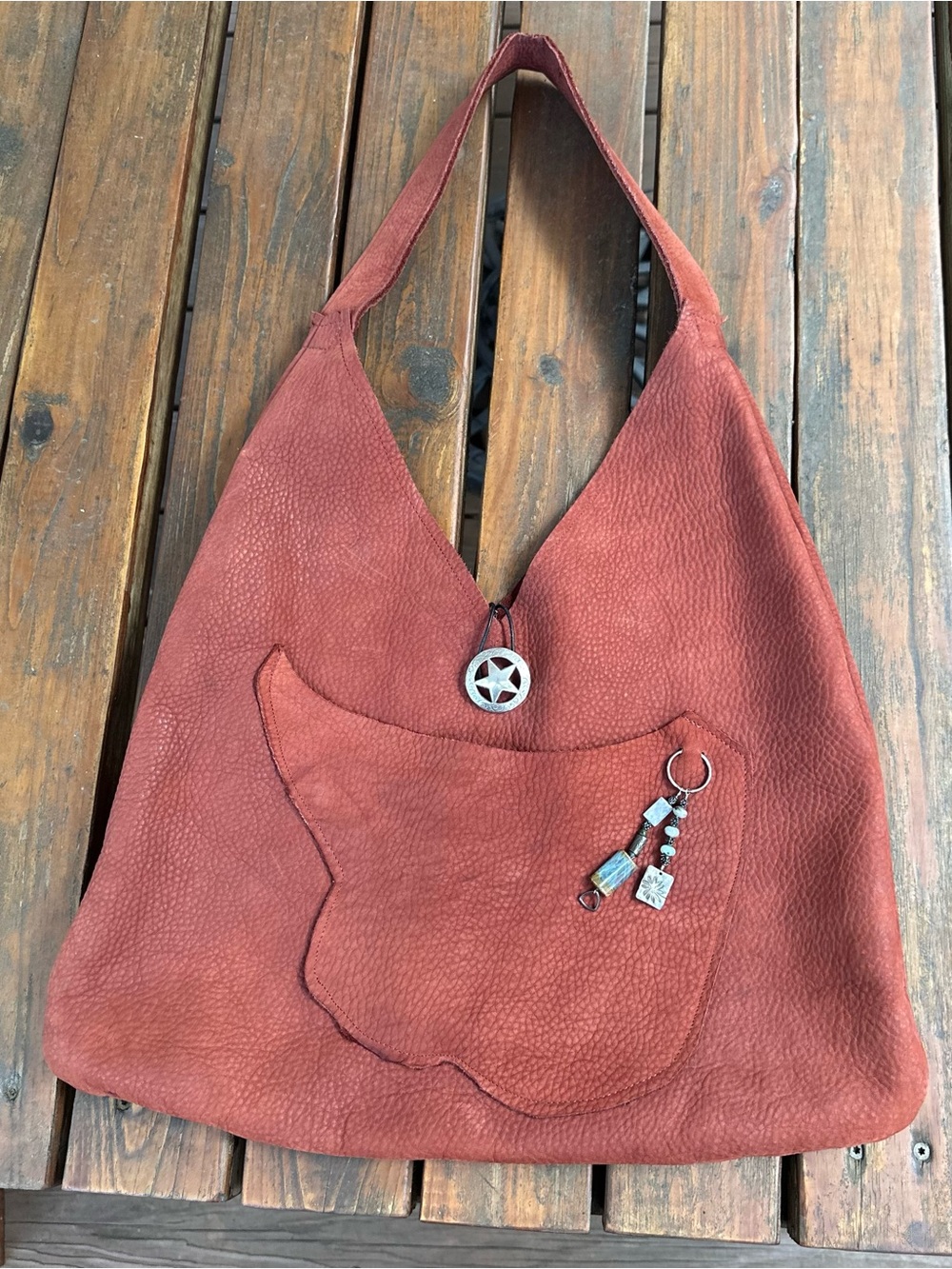 Leather Hobo Shoulder Bag in Rust Red